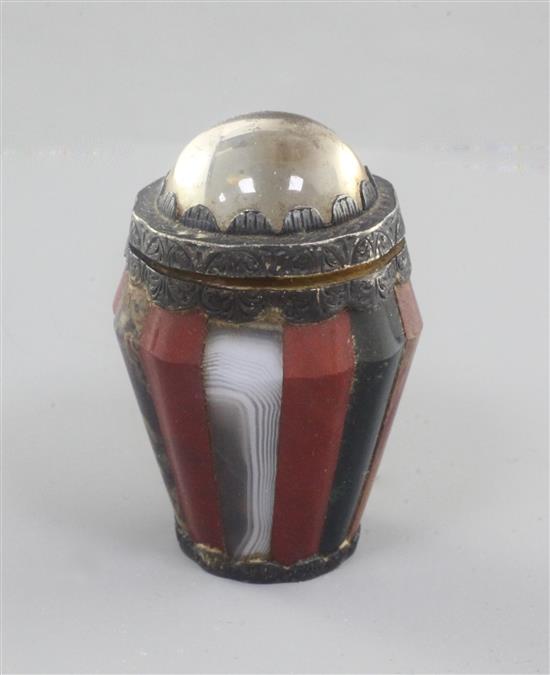 A Victorian Scottish silver gilt and hardstone vinaigrette, with cabochon quartz set hinged cover, 1.75in.